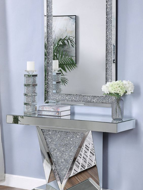 Acme Furniture Noralie Mirrored Rectangle Solid Base Console Table and Mirror