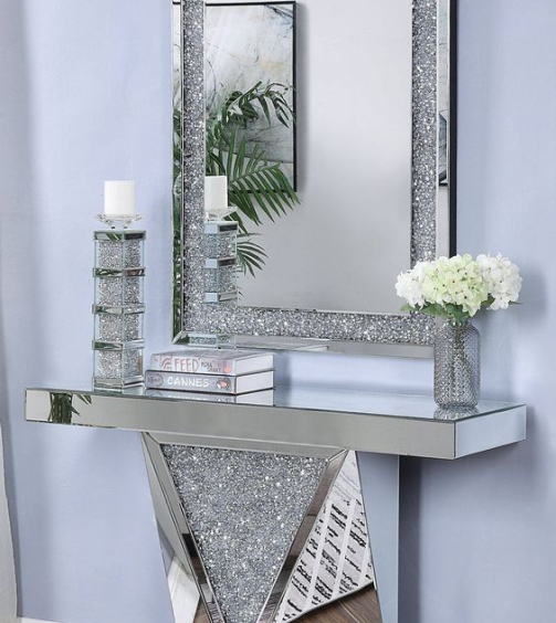 Acme Furniture Noralie Mirrored Rectangle Solid Base Console Table and Mirror