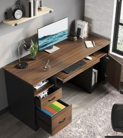 59'' Executive Desk with File and Storage Drawers and Cabinet, Home Office Desk with Keyboard Tray and 2 Open Compartments