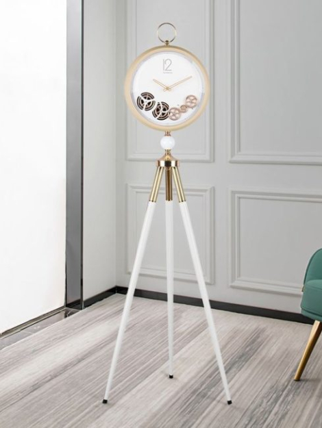 60_ White Metal Tripod Floor Clock with Retro Gold Mechanical Gear Design