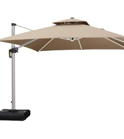 PURPLE LEAF 10 ft_ Square Aluminum Solar Powered LED Patio Cantilever Offset Umbrella with Stand in Beige