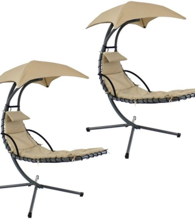 Sunnydaze Outdoor Hanging Chaise Floating Lounge Chair with Canopy Umbrella and Stand, Beige, 2pk